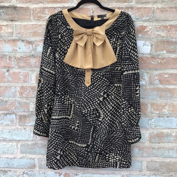 lovposh Dresses & Skirts - Retro Mini Dress Bow Brown Black Print Mod Shift